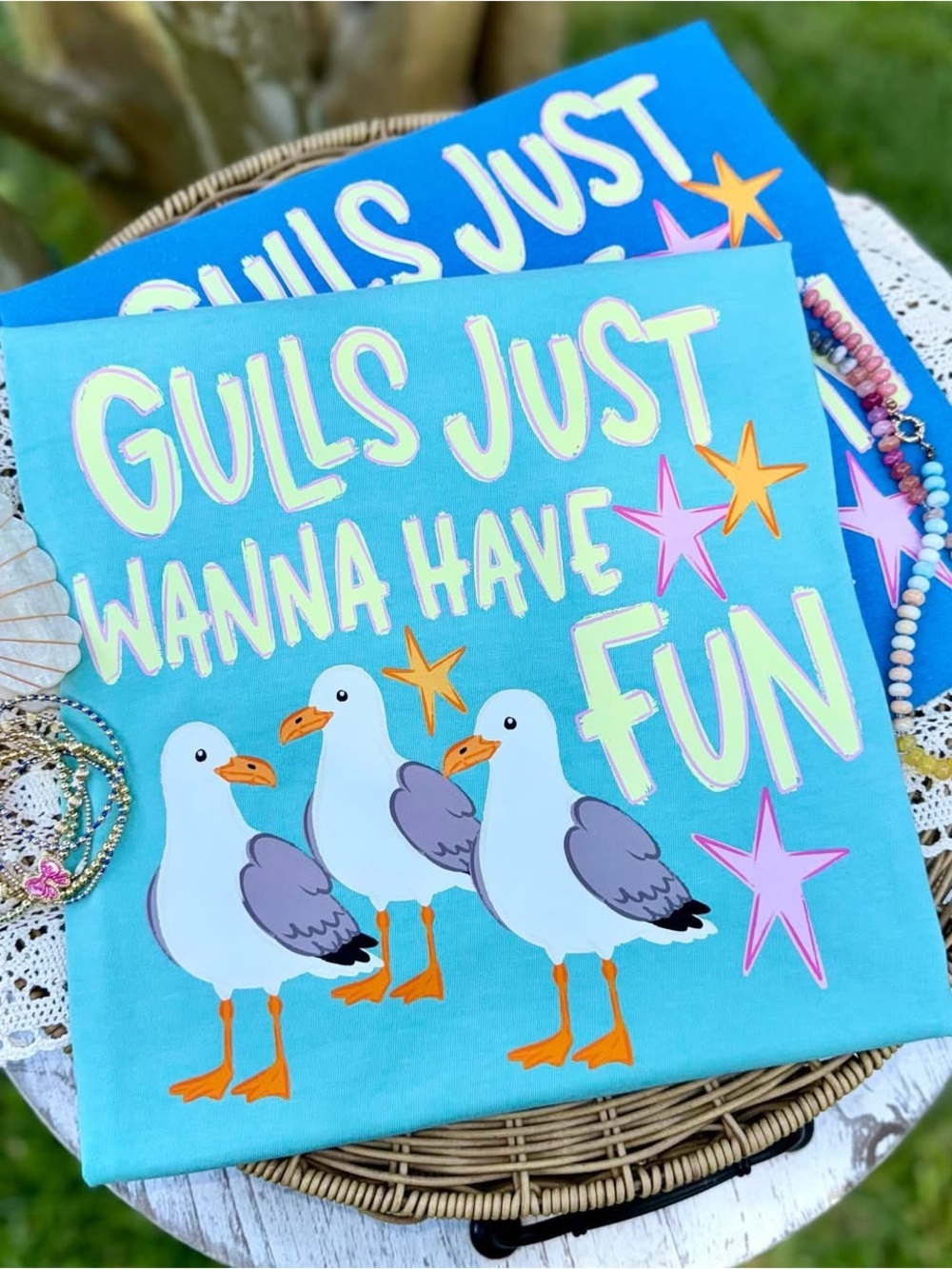 Gulls Just Wanna Have Fun Graphic Tee - Chaulky Mint Seagull Print Small-XL